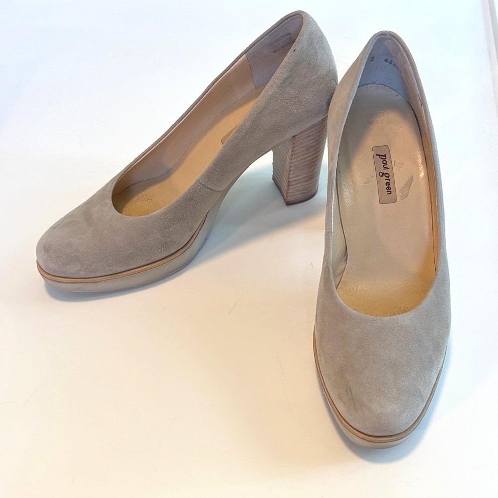 Paul Green Mushroom Taupe Suede Round Toe Block‎ Heel Pumps US 7-7.5 Comfort